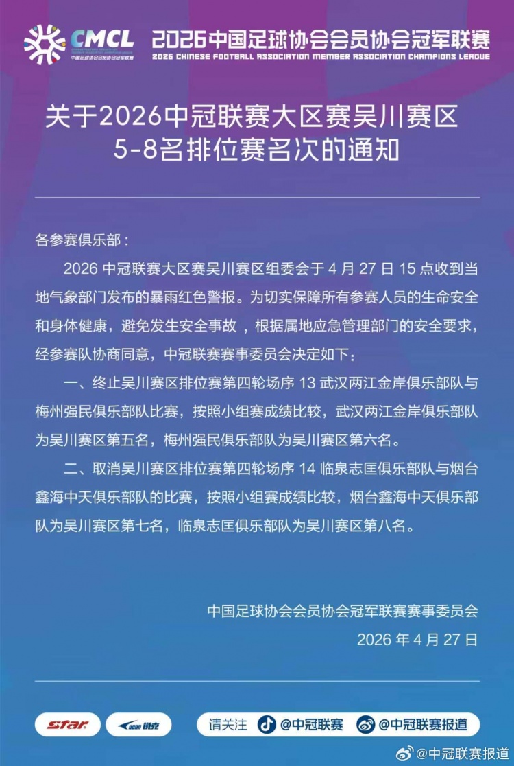 天天盈球官网-中冠官方：因暴雨终止和取消吴川赛区两场比赛，根据小组成绩排名